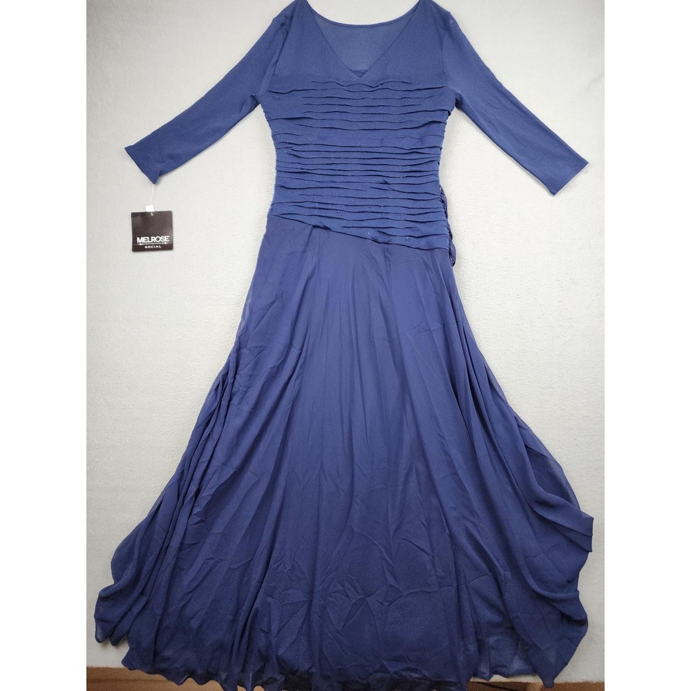 Melrose Social Dress Womens 8 Blue Ruched Chiffon Maxi Gown Rhinestone Formal